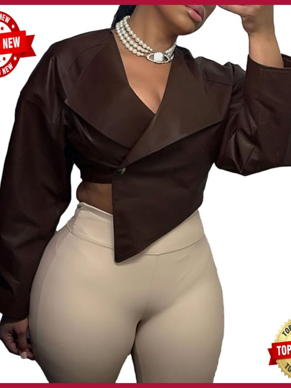 Faux Leather Cropped Jacket Long Sleeve Button Down Lapel Neck
